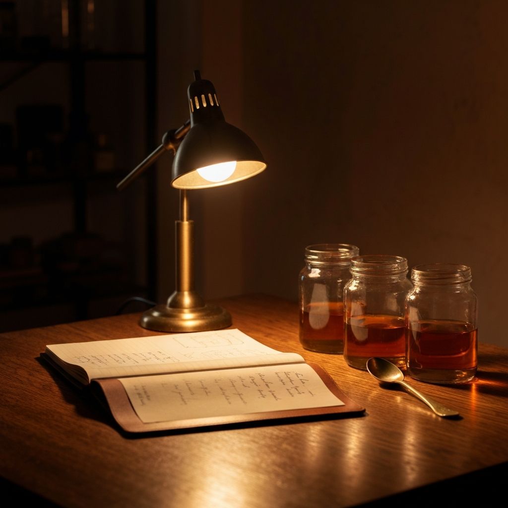 Oak table with jars under lamp light
